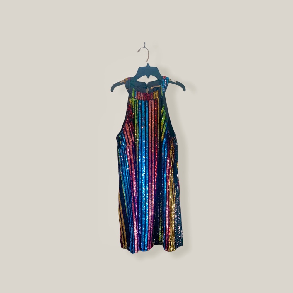 Ark & Co rainbow striped sequin dress NWT